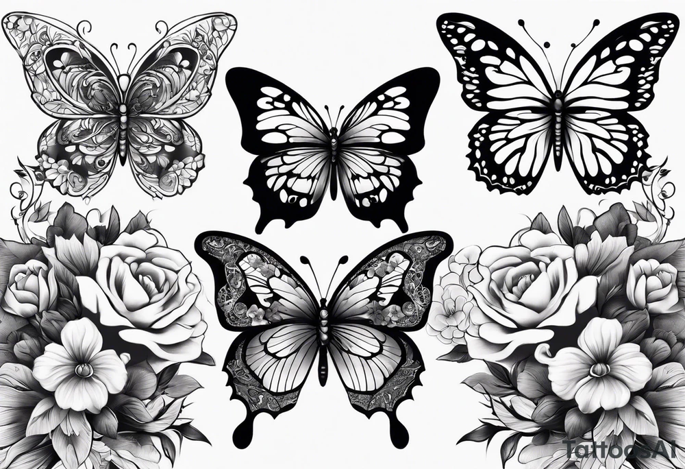 lace feminine full arm sleeve
with butterflies and flowers tattoo idea