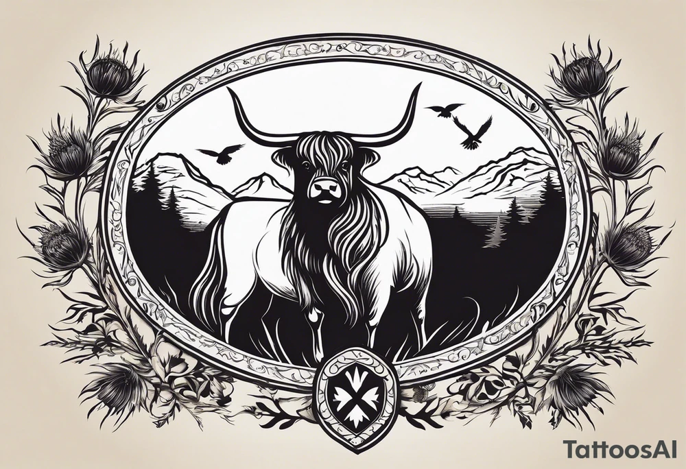 I want to create a tattoo of a personal coat of arms surrounded by thistle and heather. the top portion in the coat of arms is the Scottish highlands. For the coat of arms, 4 points are music, highland cow, thistle/heather, and border collie head/ears silhouette. I would also like a rosary incorporated and a scroll of the serenity prayer tattoo idea
