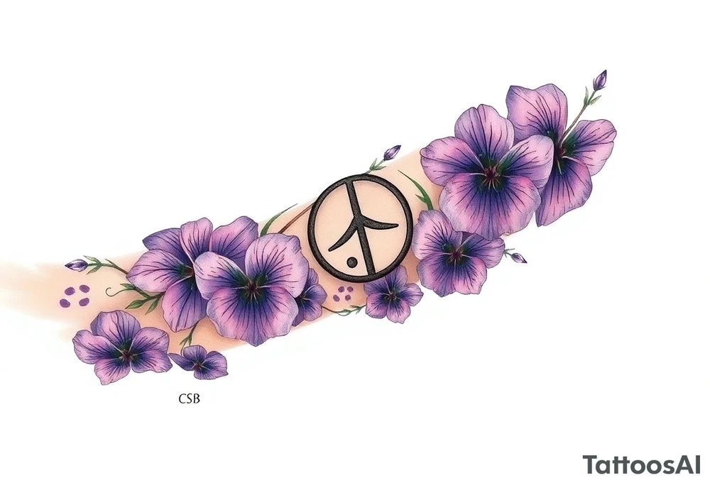Violets, peace symbol, Pisces symbol, dog prints, amethyst, initials csb in cursive font tattoo idea