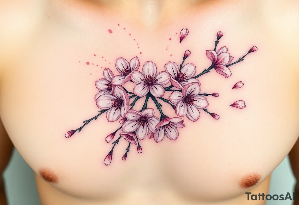 delicate cherry blossoms swirling in spring breeze with petals tattoo idea