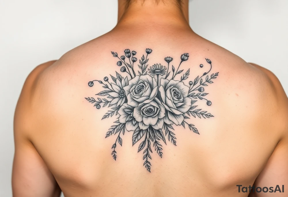 vintage bouquet of wild roses and meadow flowers with morning dew tattoo idea