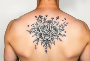 vintage bouquet of wild roses and meadow flowers with morning dew tattoo idea