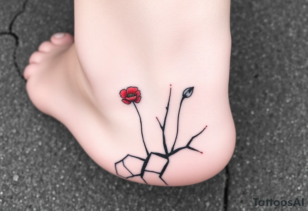 Single line drawing, artsy style, poppy growing up from cracks in pavement red watercolor airbrush on poppy only back of ankle/heel or back of upper arm, more artistic rendering of cracks, very minimal/simplistic design tattoo idea