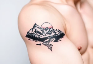 Mountains with river and sunset tattoo idea