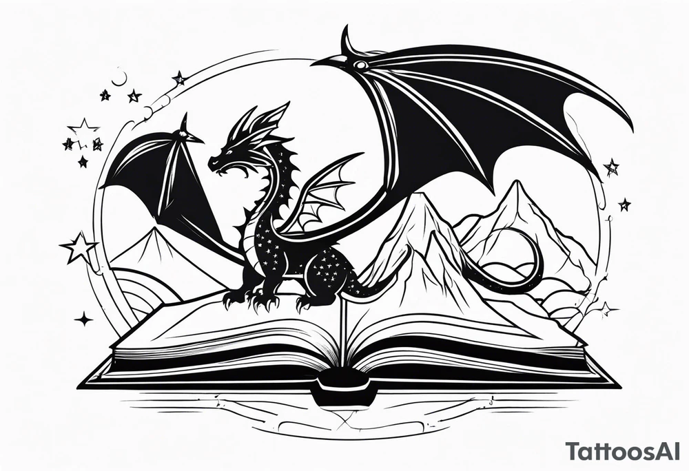 an open fairy fantasy book. a flying dragon with scales and four legs. a sword. Three stars with three mountain peaks tattoo idea