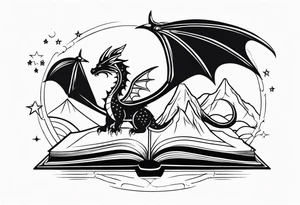 an open fairy fantasy book. a flying dragon with scales and four legs. a sword. Three stars with three mountain peaks tattoo idea
