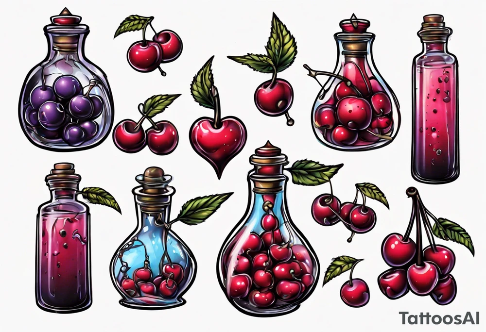 potion bottle with cherries inside tattoo idea