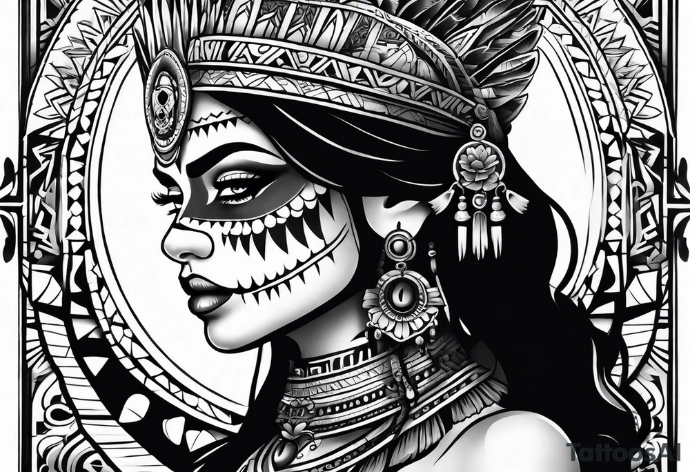 Aztec princess side profile day of the dead tattoo idea