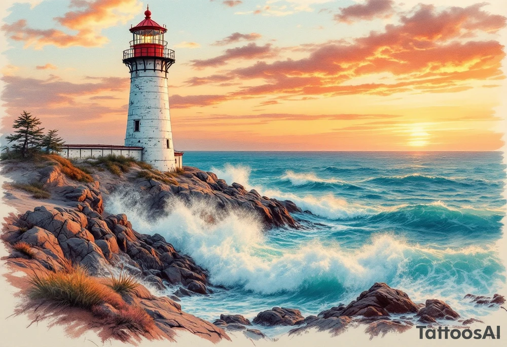 A tall, weathered white lighthouse with a bright red roof and railing, standing boldly on a rocky cliff surrounded by crashing teal-blue waves and glowing under a golden-orange sunset sky. tattoo idea