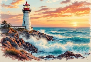 A tall, weathered white lighthouse with a bright red roof and railing, standing boldly on a rocky cliff surrounded by crashing teal-blue waves and glowing under a golden-orange sunset sky. tattoo idea