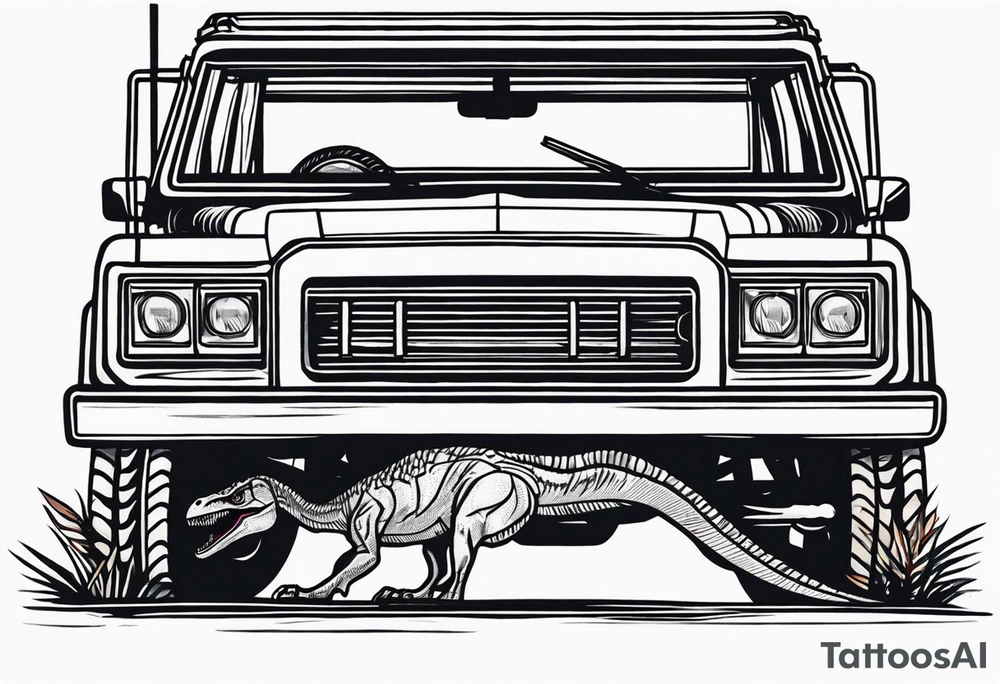 Jurassic Park gates, velociraptor, Jeep front end tattoo idea