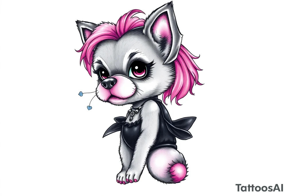 hot goth furry puppy girl with piercings on face and big boobs and big butt with black outfit on with pink hair tattoo idea