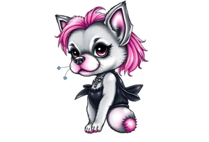 hot goth furry puppy girl with piercings on face and big boobs and big butt with black outfit on with pink hair tattoo idea