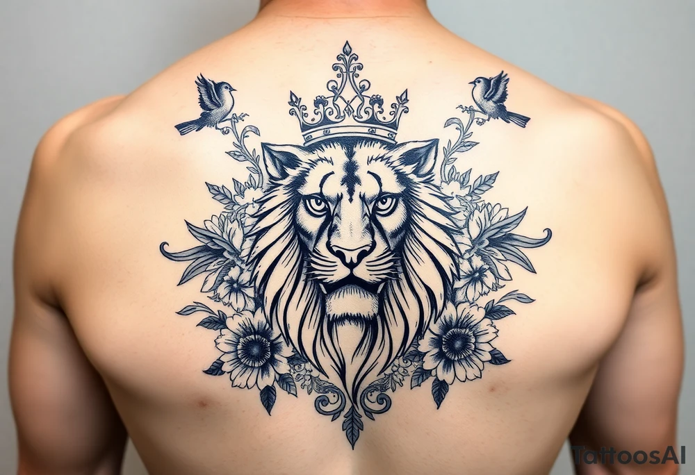 powerful majestic lion with a crown, surrounded by floral ornaments and birds tattoo idea