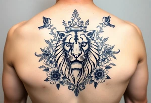 powerful majestic lion with a crown, surrounded by floral ornaments and birds tattoo idea