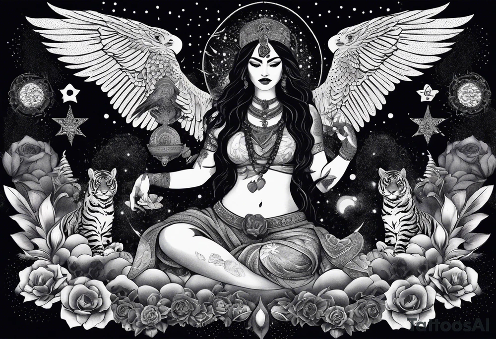 black kali, goddess pirate, alien, angel, pachamama, valkrye, warrior, flying, skull, lotus azul, wing, eagle, zenza resonance, stars, 5D, anahata chakra, death, durga, riding on a tiger, flying lady, kundalini, chest tatoo, samuri, rebel,s erpent tattoo idea