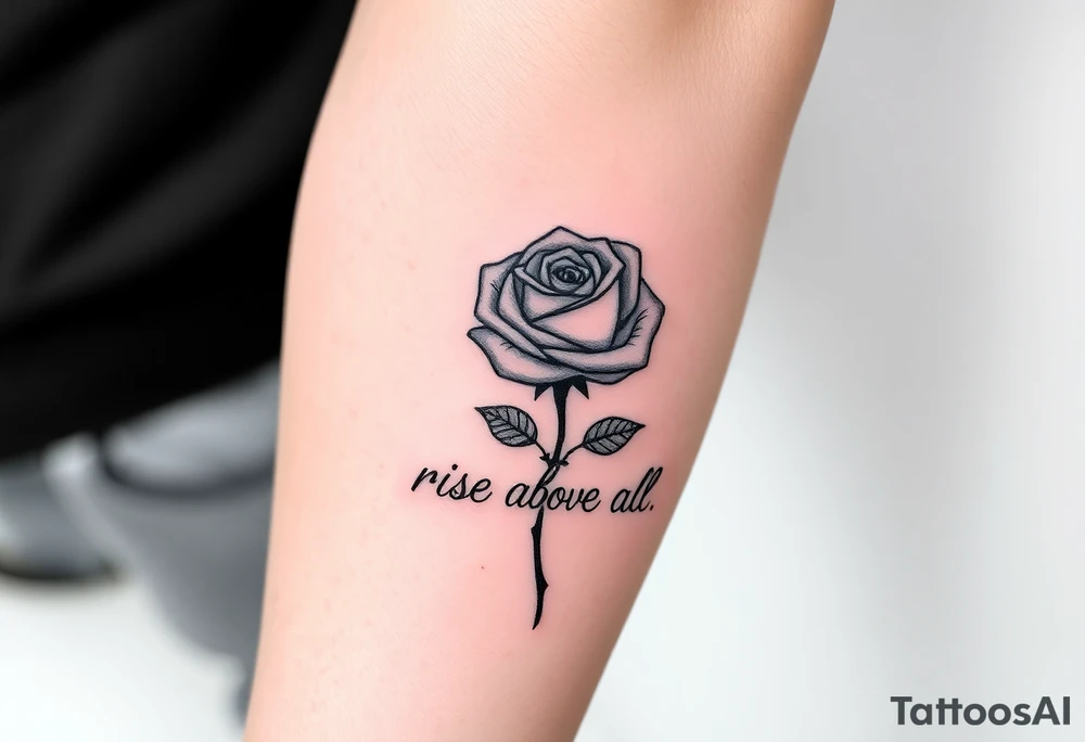 rose tattoo with thorns saying rise above all tattoo idea