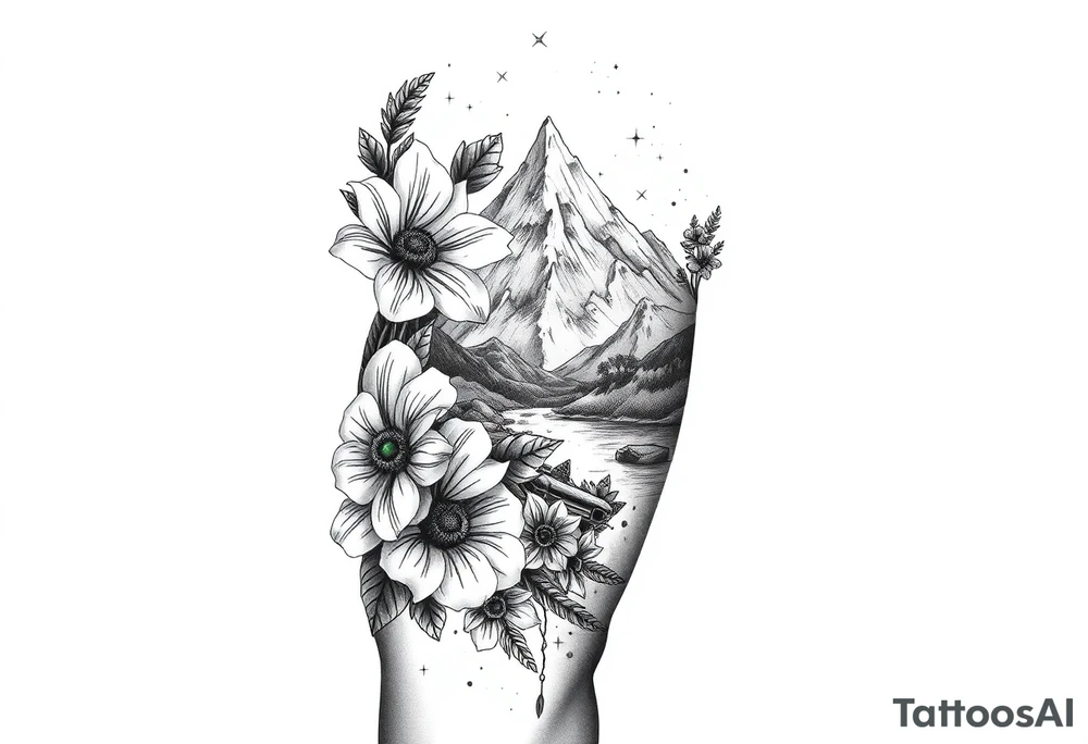 vintage bouquet of flowers , 
 river flower through a mountain with green eyes in it American flag wrapped around arm vintage car parts incorporated tattoo idea