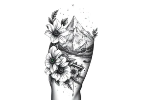 vintage bouquet of flowers , 
 river flower through a mountain with green eyes in it American flag wrapped around arm vintage car parts incorporated tattoo idea