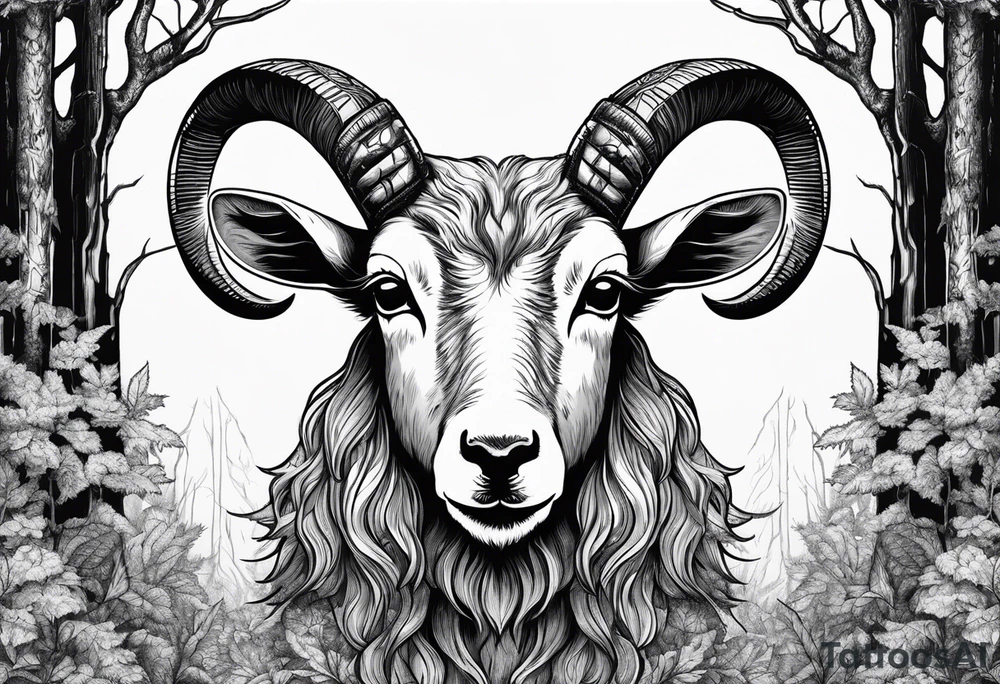 Satanic goat with horns (full body) in a forest with a pentagram in it’s forehead tattoo idea