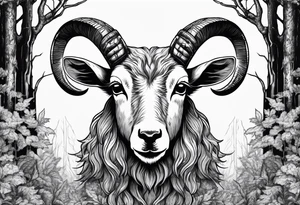 Satanic goat with horns  (full body) in a forest with a pentagram in it’s forehead tattoo idea