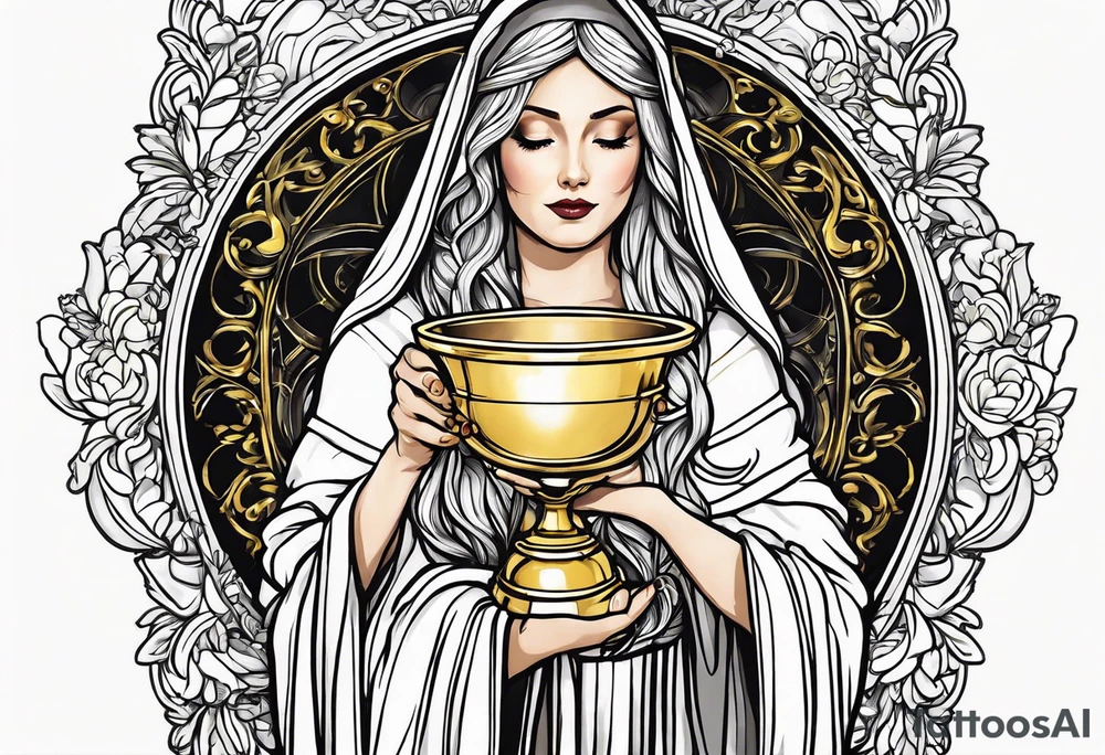 holy saint woman turned away with golden halo holding a chalice tattoo idea