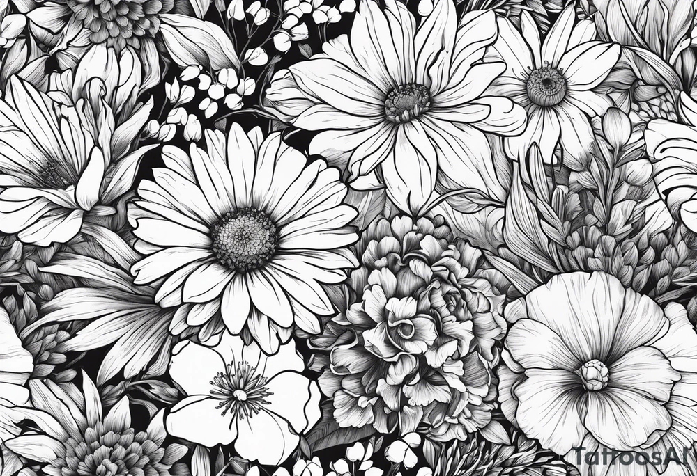 wildflowers with roses, larkspur, carnation, and daisy tattoo idea