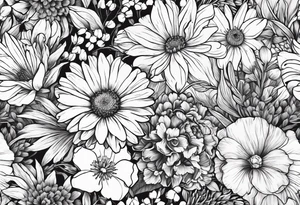wildflowers with roses, larkspur, carnation, and daisy tattoo idea