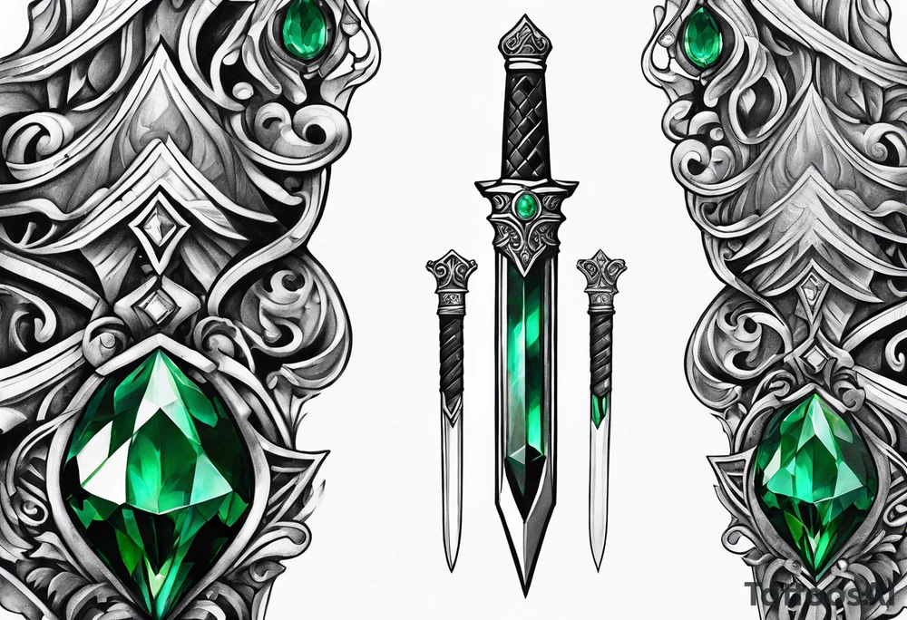 An athame dagger with the hilt turned upward and emerald gemstones on the hilt tattoo idea