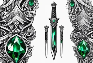 An athame dagger with the hilt turned upward and emerald gemstones on the hilt tattoo idea