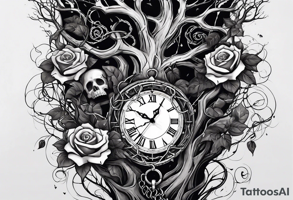 tattoo sleeve, tree roots break out of the chains at the bottom of the hand, Symbolizing loss, an image of a broken mask, Clock with flying numbers, girl, skull, roses tattoo idea