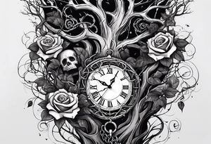 tattoo sleeve, tree roots break out of the chains at the bottom of the hand, Symbolizing loss, an image of a broken mask, Clock with flying numbers, girl, skull, roses tattoo idea