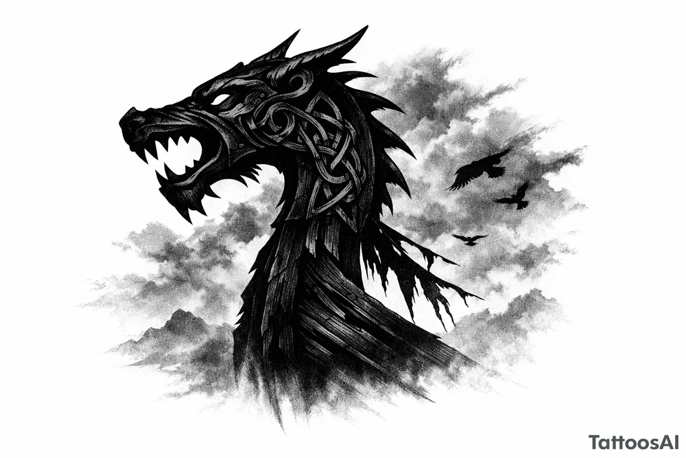 Silhouette of a Viking longship dragon head prow against a stormy, foggy sky. tattoo idea