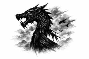 Silhouette of a Viking longship dragon head prow against a stormy, foggy sky. tattoo idea