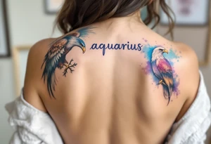 An Aquarius goddess with an eagle perched on her shoulde with word "aquarius" tattoo idea