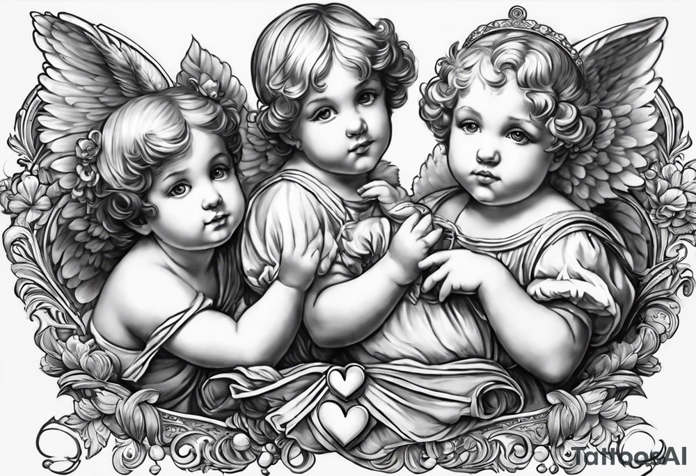 3 cherubs that look realistic, not cartoony. one of them is a girl holding a balloon, one is a boy holding a money bag, one is a girl hugging a heart. make them all separated tattoo idea