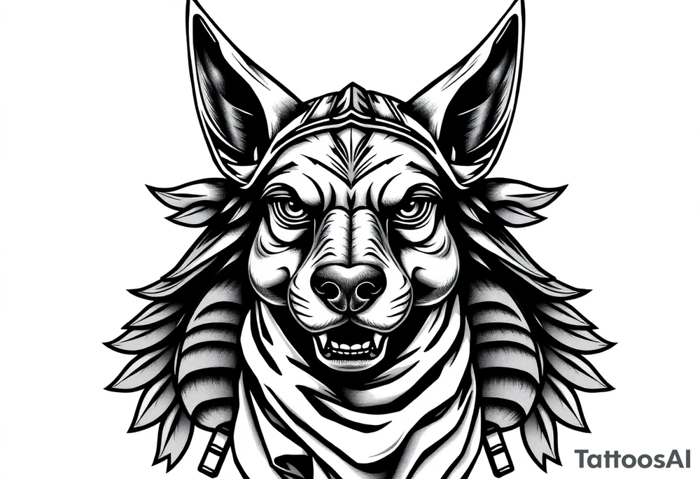Egyptian Anubis god face muscle in Egypt style  with scarf
dog face surrounded Egyptian symbols based on elements tattoo idea