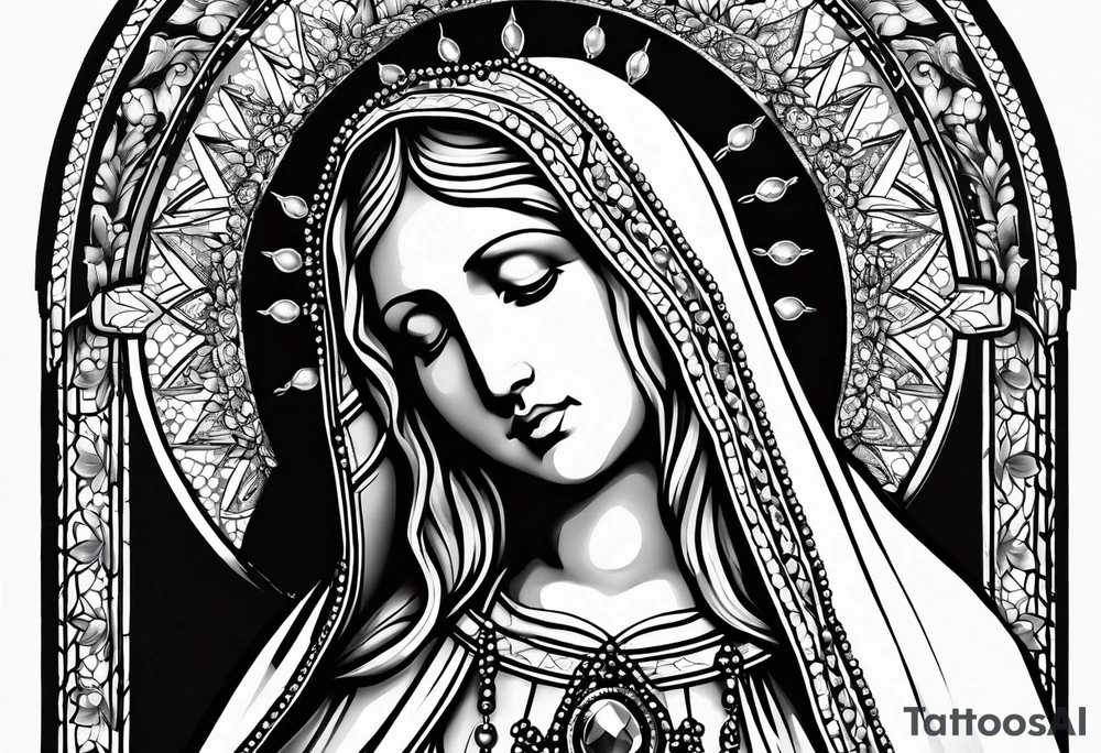 Virgin Mary  looking down with black tears and rosary young version tattoo idea