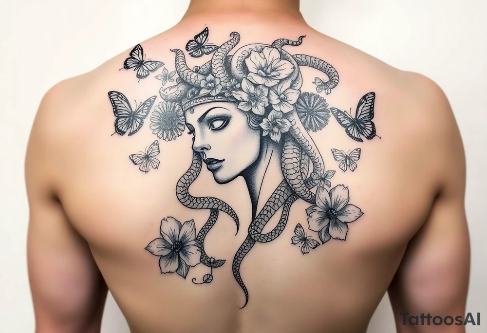 Side portrait of Medusa with snakes, flowers and butterflies tattoo idea