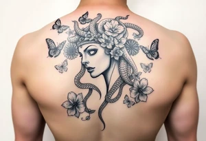 Side portrait of Medusa with snakes, flowers and butterflies tattoo idea