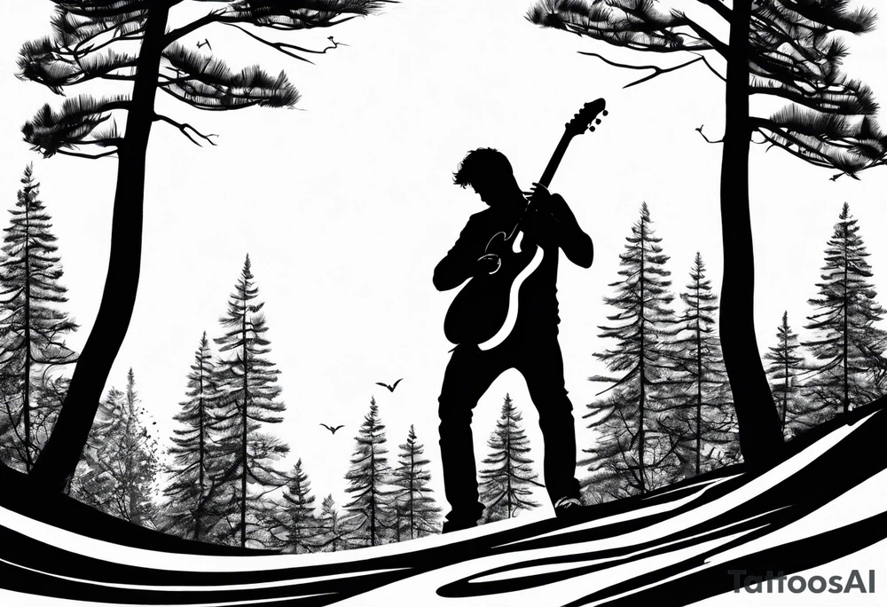 silhouette of a man standing under a pine tree playing electric guitar tattoo idea