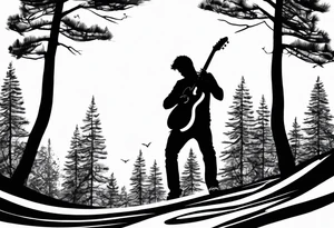 silhouette of a man standing under a pine tree playing electric guitar tattoo idea