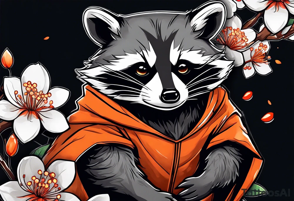 Raccoon wearing a white Superman logo on a black hoodie and orange Japanese cherry blossoms tattoo idea