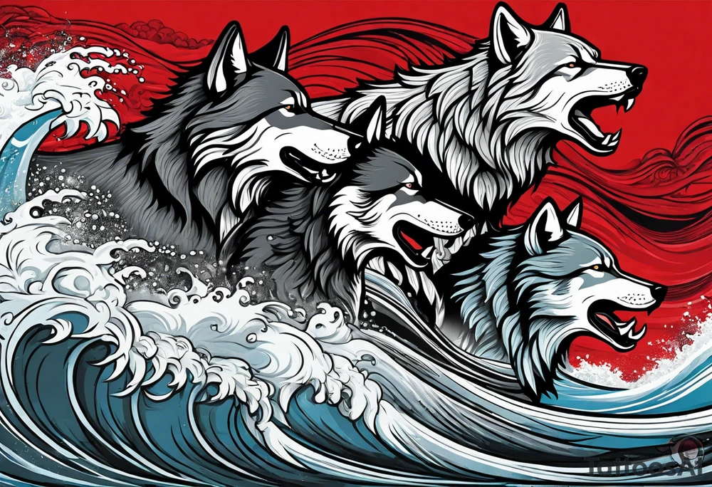 a pack of 3 howling muscular  gray wolves surfing waves with a linear background with red, white and black and gray tattoo idea