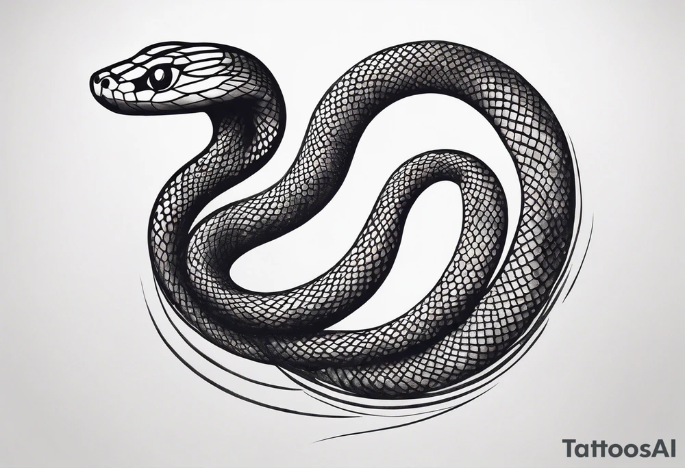 Create a detailed sketch of a snake tattoo. The design should feature a coiled snake with intricate scales and a dynamic, flowing pose. Emphasize the snake's head with a slightly menacing expression, its forked tongue flicking out. Include subtle shading to highlight the texture of the scales and give the design a sense of depth. The overall style should be clean and bold, suitable for a tattoo, with a focus on both artistic and anatomical accuracy. Consider incorporating elements like floral or geometric patterns in the background to complement the snake tattoo idea