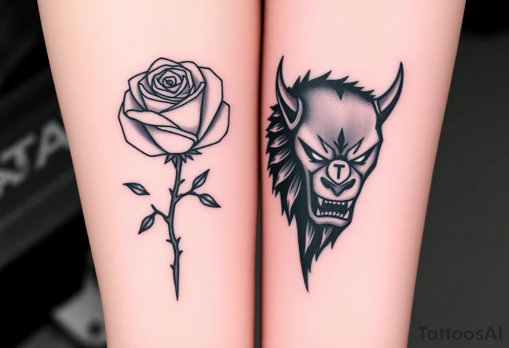 Matching/ connecting tattoos:
Your Tattoo (Beauty): A delicate but dark-looking rose, perhaps with thorns wrapped around it in a fine-line, illustrative style. Hidden among the petals or thorns could be the initials 'J' and 'T' intertwined.
His Tattoo (Beast): The head of a menacing but sad-looking beast, done in a stylized, hard-core black and gray. The tattoo could be a half-face or include jagged lines. Hidden in the negative space of the beast's ear or horns could be your date.
Connecting Element: The rose's stem could be broken, with the last petal falling towards his tattoo. You could place the tattoos on facing wrists or ankles for a permanent connection. tattoo idea