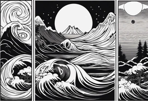 daytime yin with sun and ocean waves imagery in style of Hokusai with night time yin with moon and fir trees and mountains. edges should be blurred tattoo idea