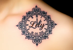 An analog clock, with intricate patterns forming around the child’s name "Lily" and date "18. 05. 2017", in black and gold for a timeless look tattoo idea