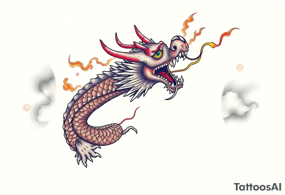 fierce dragon breathing iridescent fire against stormy skies tattoo idea