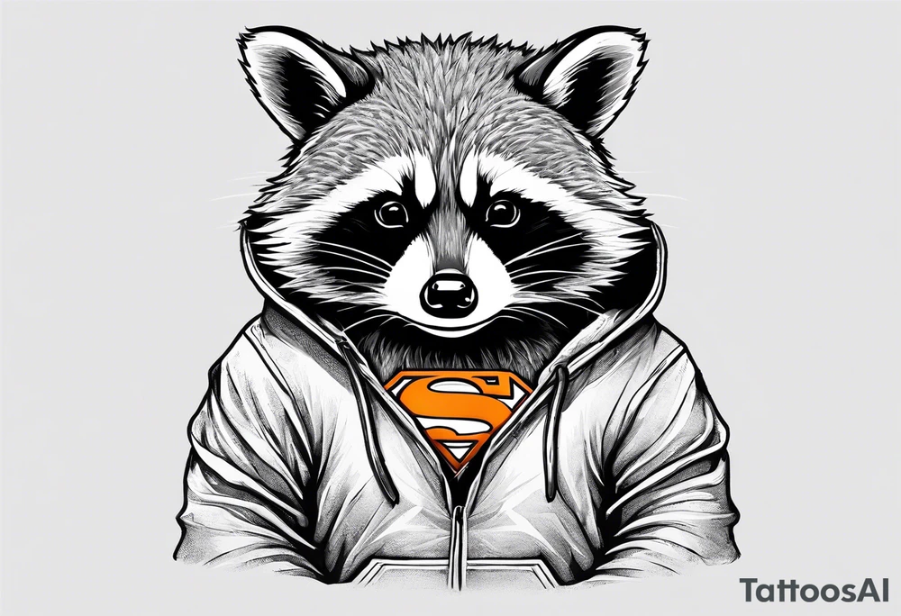 Raccoon wearing an orange Superman hoodie tattoo idea